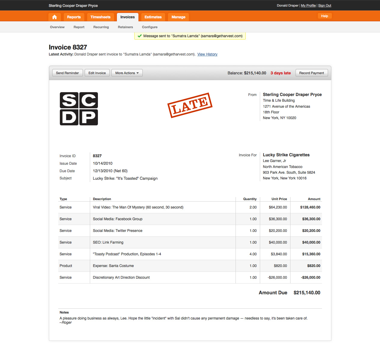 harvest time tracking no invoice menu